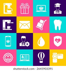 Set Cinema camera, Shield and heart rate, Broken tooth, Shopping basket on laptop, Envelope with Valentine and Coffee machine cup icon. Vector