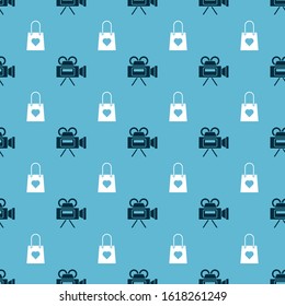 Set Cinema camera and Shopping bag with heart on seamless pattern. Vector