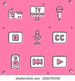Set Cinema camera, Smart Tv, Microphone, Stop media button, Subtitles, Stereo speaker and Rewind icon. Vector