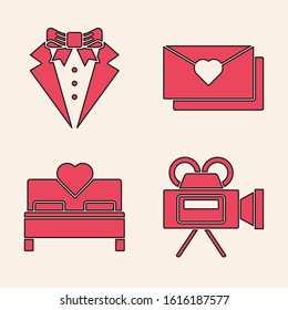 Set Cinema camera, Suit, Envelope with Valentine heart and Bedroom icon. Vector