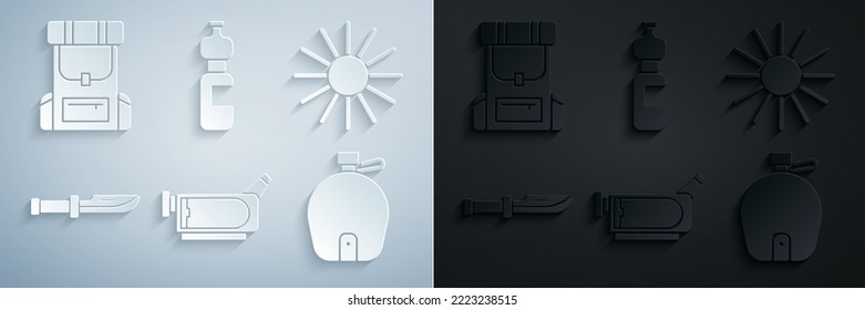 Set Cinema Camera, Sun, Camping Knife, Canteen Water Bottle, Bottle Of And Hiking Backpack Icon. Vector