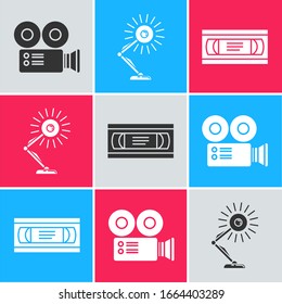 Set Cinema camera , Table lamp  and VHS video cassette tape  icon. Vector