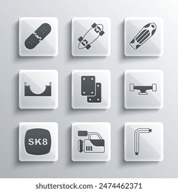 Set Cinema camera, Tool allen keys, Skateboard wheel, Knee pads, park, Broken skateboard deck and  icon. Vector