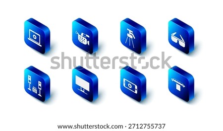 Set Cinema camera, Tripod, 3D cinema glasses, Limousine car and carpet, Online play video, Smart Tv, Home stereo with two speakers and  icon. Vector