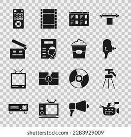 Set Cinema camera, Tripod, Retro cinema, Online play video, poster, Movie clapper, Remote control and Popcorn box icon. Vector