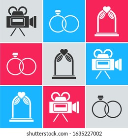 Set Cinema camera, Wedding rings and Wedding arch icon. Vector