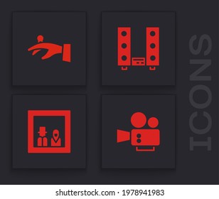Set Cinema camera, Wedding rings on hand, Home stereo with two speakers and Family photo icon. Vector
