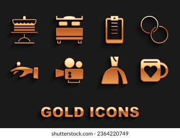 Set Cinema camera, Wedding rings, Coffee cup and heart, Woman dress, on hand, Clipboard with checklist, Cake plate and Bedroom icon. Vector