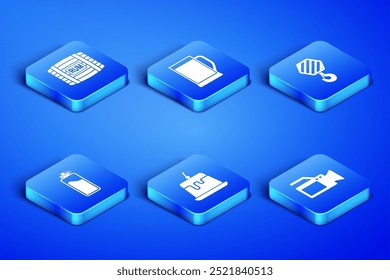 Set Cinema camera, Wooden barrel with rum, Pudding custard, Sport bottle water, Glass of beer and Industrial hook icon. Vector