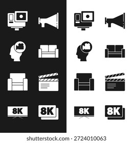 Set Cinema chair, Head with camera, Action extreme, Megaphone, Movie clapper, 8k Ultra HD and Screen tv icon. Vector