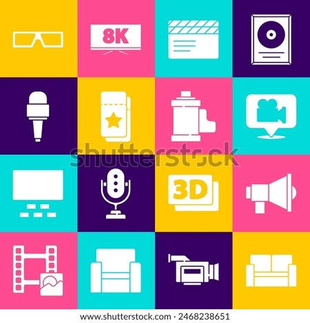 Set Cinema chair, Megaphone, Camera and location, Movie clapper, ticket, Microphone, 3D cinema glasses and film roll cartridge icon. Vector