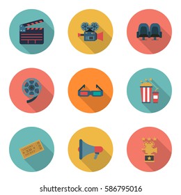 Set cinema color icons inside the circle, design elements isolated on white background. Flat style.