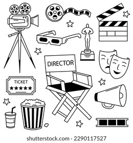 Set of cinema doodle elements. Projector, popcorn, film, clapper board, award, ticket, 3d glasses, director chair in line art style.