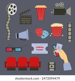 Set of cinema elements. Film reel, popcorn, 3D glasses, clapperboard, movie ticket, loudspeaker, megaphone, soda, theater mask, seats. Vector illustration