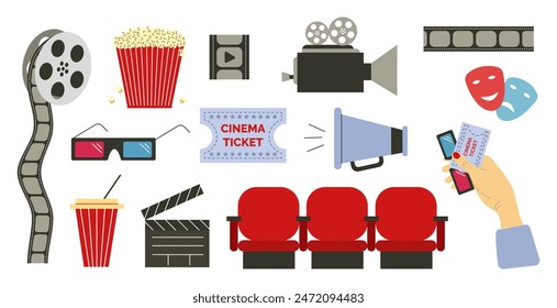 Set of cinema elements. Film reel, popcorn, 3D glasses, clapperboard, movie ticket, loudspeaker, megaphone, soda, theater mask, seats. White background. Vector illustration