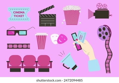 Set of cinema elements. Film reel, popcorn, 3D glasses, clapperboard, movie ticket, loudspeaker, megaphone, soda, theater mask, seats. Pink colors. Vector illustration