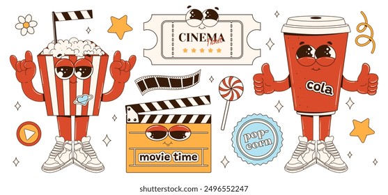 Set of cinema elements in a groovy style. Popcorn, candy, cup with drink, ticket, play sign, stars, daisy, sticker, film reel, clapperboard. International Cinema Day. Elements for the movie theater