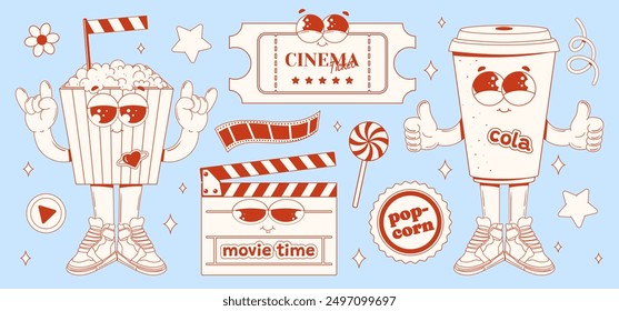 Set of cinema elements in a groovy style. Popcorn, candy, drink cup, ticket, play sign, stars, daisy, sticker, film reel, clapperboard. International Cinema Day. Elements for the movie theater. Vector