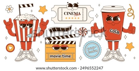 Set of cinema elements in a groovy style. Popcorn, candy, cup with drink, ticket, play sign, stars, daisy, sticker, film reel, clapperboard. International Cinema Day. Elements for the movie theater