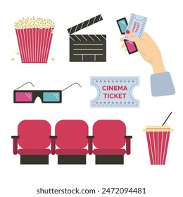 Set of cinema elements. Popcorn, 3D glasses, clapperboard, movie ticket, soda, seats. White background. Vector illustration