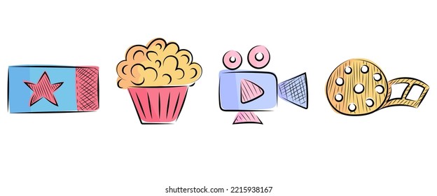 A set of cinema elements. Popcorn, camera, ticket and reel. Good for any project.