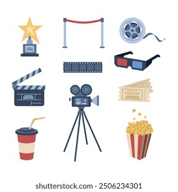 Set of cinema elements. Tickets, 3D glasses, clapperboard, video camera, montage tape, award, popcorn, soda. Banner, flyer, advertisement template. Hand drawn vector illustration.