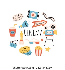 Set of cinema elements. Vector illustration. Flat style. Collection of hand drawn cinema elements.