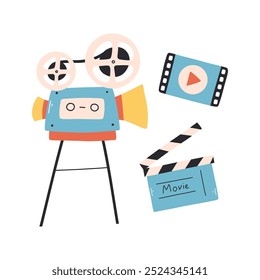 Set of cinema elements. Vector illustration. Flat style. Collection of hand drawn cinema elements.