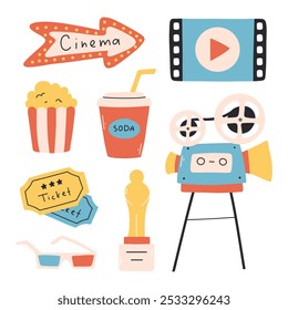 Set of cinema elements. Vector illustration. Flat style. Collection of objects for cinema.