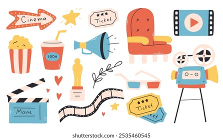 Set of cinema elements. Vector illustration. Flat style. Collection of objects for cinema.