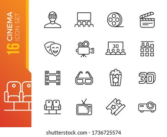 Set of Cinema and Entertainment Vector Line Icons with Movie Theater, Film Strip, Popcorn, Video Clip, 3d Glasses and more.