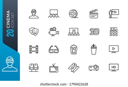 Set of Cinema and Entertainment Vector Line Icons with Movie Theater, Film Strip, Popcorn, Video Clip, 3d Glasses and more.