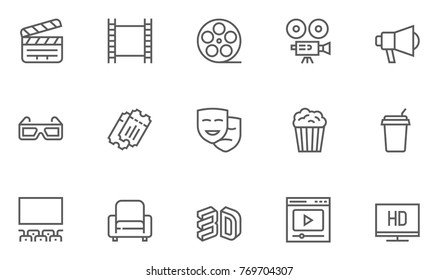 Set of Cinema and Entertainment Vector Line Icons with Movie Theater, Film Strip, Popcorn, Video Clip, 3d Glasses and more. Editable Stroke. 48x48 Pixel Perfect.