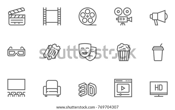 Set of Cinema and\
Entertainment Vector Line Icons with Movie Theater, Film Strip,\
Popcorn, Video Clip, 3d Glasses and more. Editable Stroke. 48x48\
Pixel Perfect.