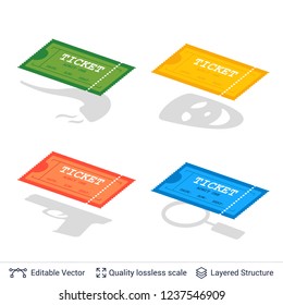 Set of cinema entry ticket icons isolated on white. Various shaped drop shadow as symbol for movie genre.