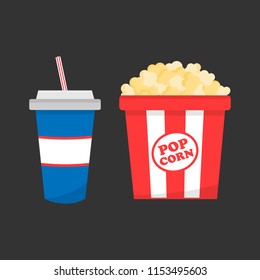 Set of cinema fast food, snacks. Popcorn in red and white paper box, soda drink in blue paper cup with striped straw. Isolated on grey background.