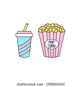 Set of cinema fast food, snacks. Popcorn in pink paper box, soda drink in blue paper cup with stripes and straw. Vector outlined illustration set. Isolated.