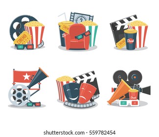 Set of cinema and film concepts illustration with movie theater elements.