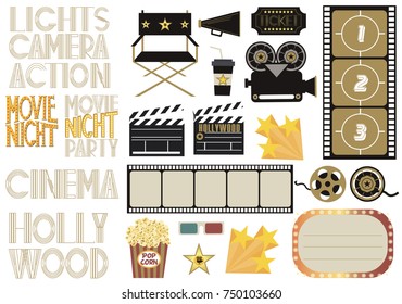 Set of cinema and film concepts illustration with movie theater elements. Editable vector illustration