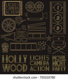 Set of cinema and film concepts illustration with movie theater elements. Editable vector illustration