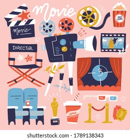 Set of Cinema flat colored Doodle Illustration. Collection of many movie items. Reel, Camera, Ticket, Clapperboard and Fast Food. Cartoon flat Vector Illustration