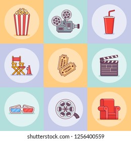 Set of cinema flat line icons. Movie design elements. Vector illustration. 