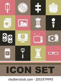 Set Cinema glasses, Photo camera, Joystick for arcade machine, Piece of puzzle, Postal stamp, Playing cards, Ice cream and Sewing thread on spool icon. Vector