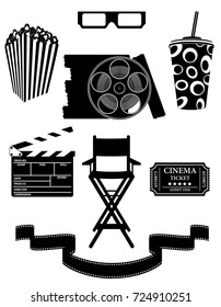 set cinema icons black silhouette outline stock vector illustration isolated on white background