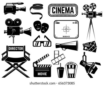 Set of cinema icons and design elements isolated on white background. Vector illustration