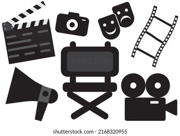 set of cinema icons , Director chair, clapper board, film camera, film strips, megaphone in isolated background