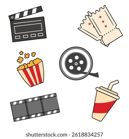 A set of cinema icons, film reel, ticket, pop corn, soda drink with straw isolated on white background.