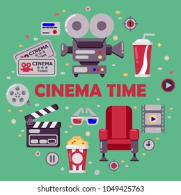 Set of cinema icons in flat stile  with cinema time text. Vector illustration.