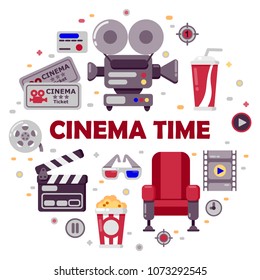 Set of cinema icons in flat style isolated on white with cinema time text. Vector illustration.