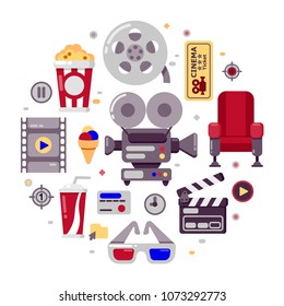 Set of cinema icons in flat style isolated on white. Vector illustration.